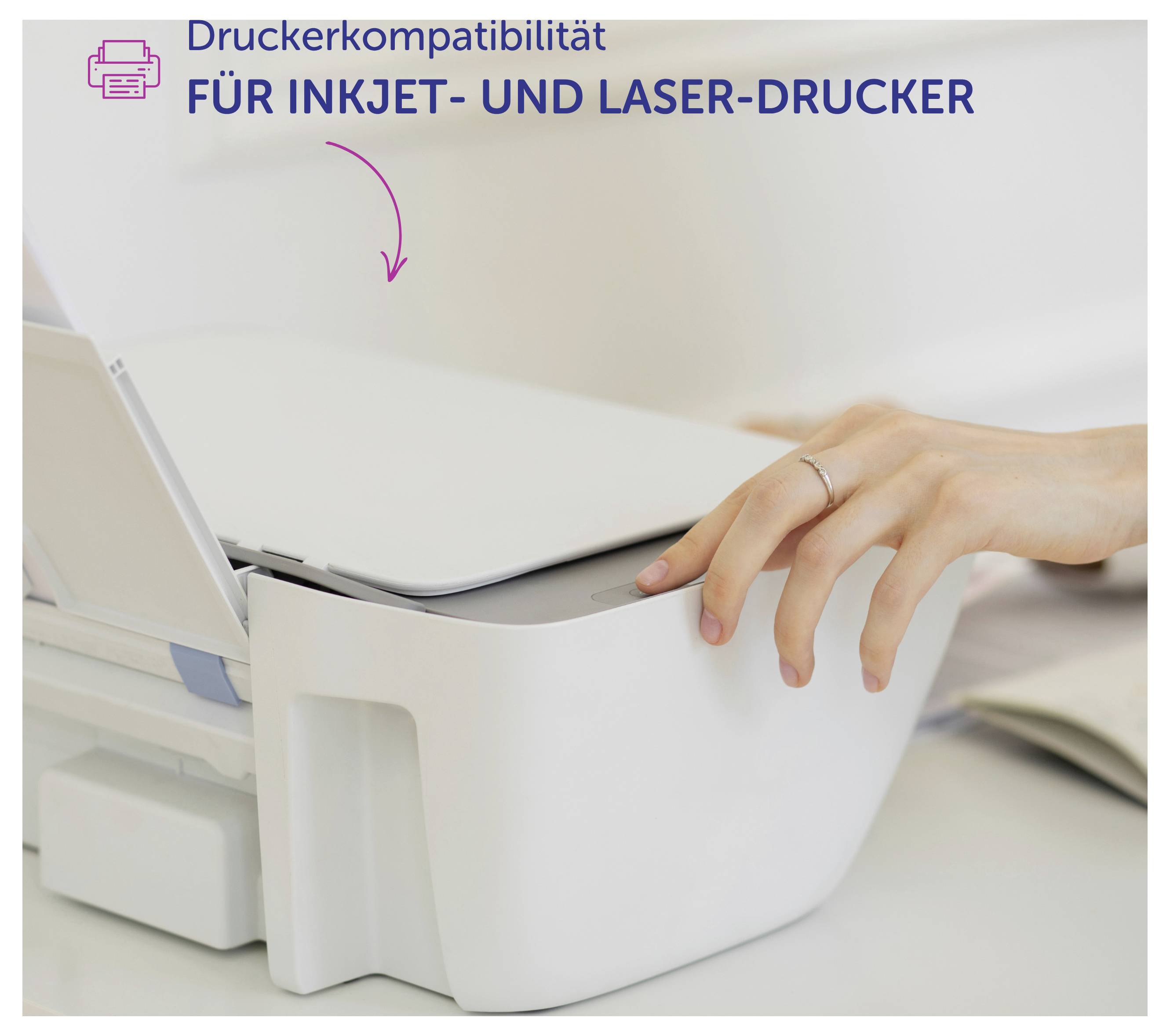 Hand und Drucker mit Papierfach; Text: 'Druckerkompatibilität FÜR INKJET- UND LASER-DRUCKER' mit Pfeil zum Drucker.