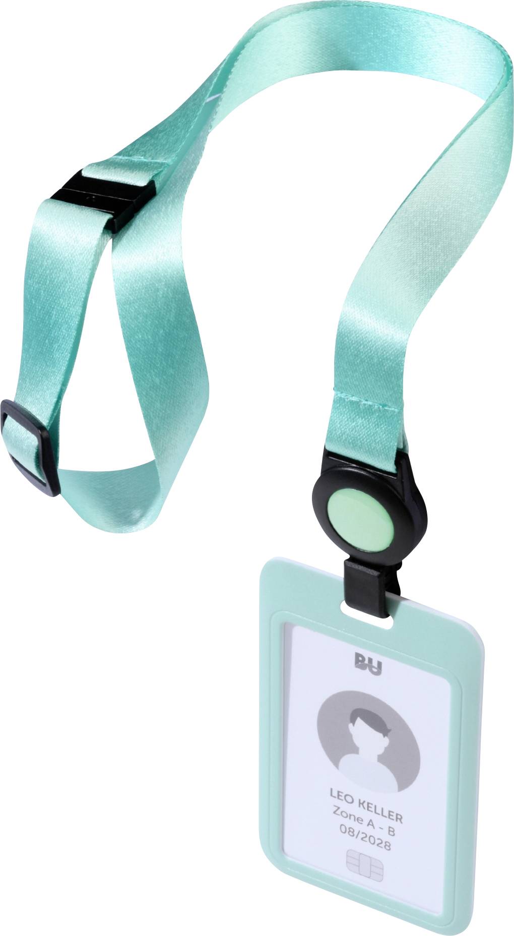 Türkisfarbenes Halsband mit transparentem Ausweiskartenhalter und schwarzer Schnalle, auf dem ein Mitarbeiterausweis mit Fotografie sichtbar ist.