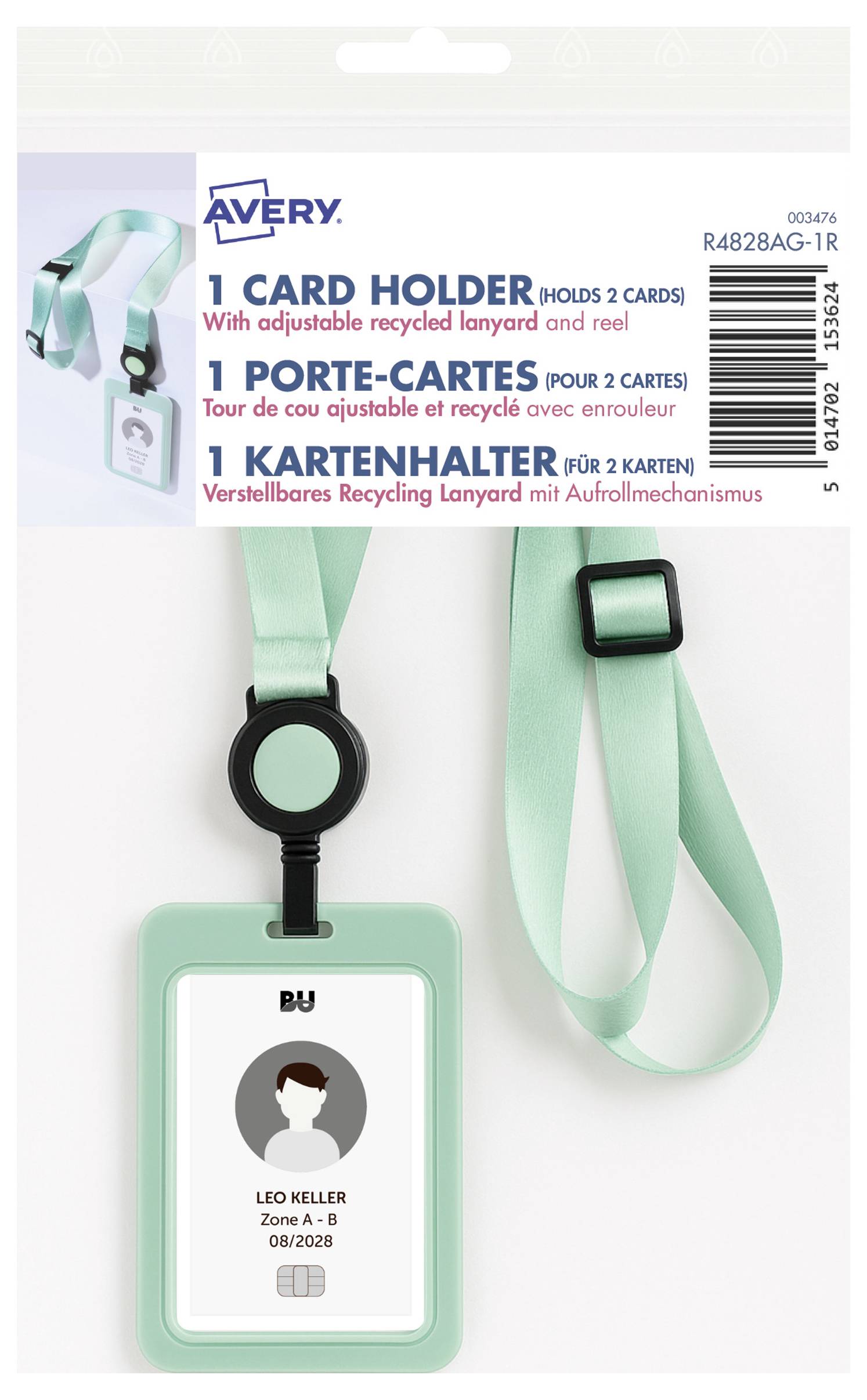 Verpackung eines Avery-Kartenhalters mit mintgrünem Recycling-Lanyard und Ausweisclip; zeigt Produkt und mehrsprachige Bezeichnung '1 CARD HOLDER'.