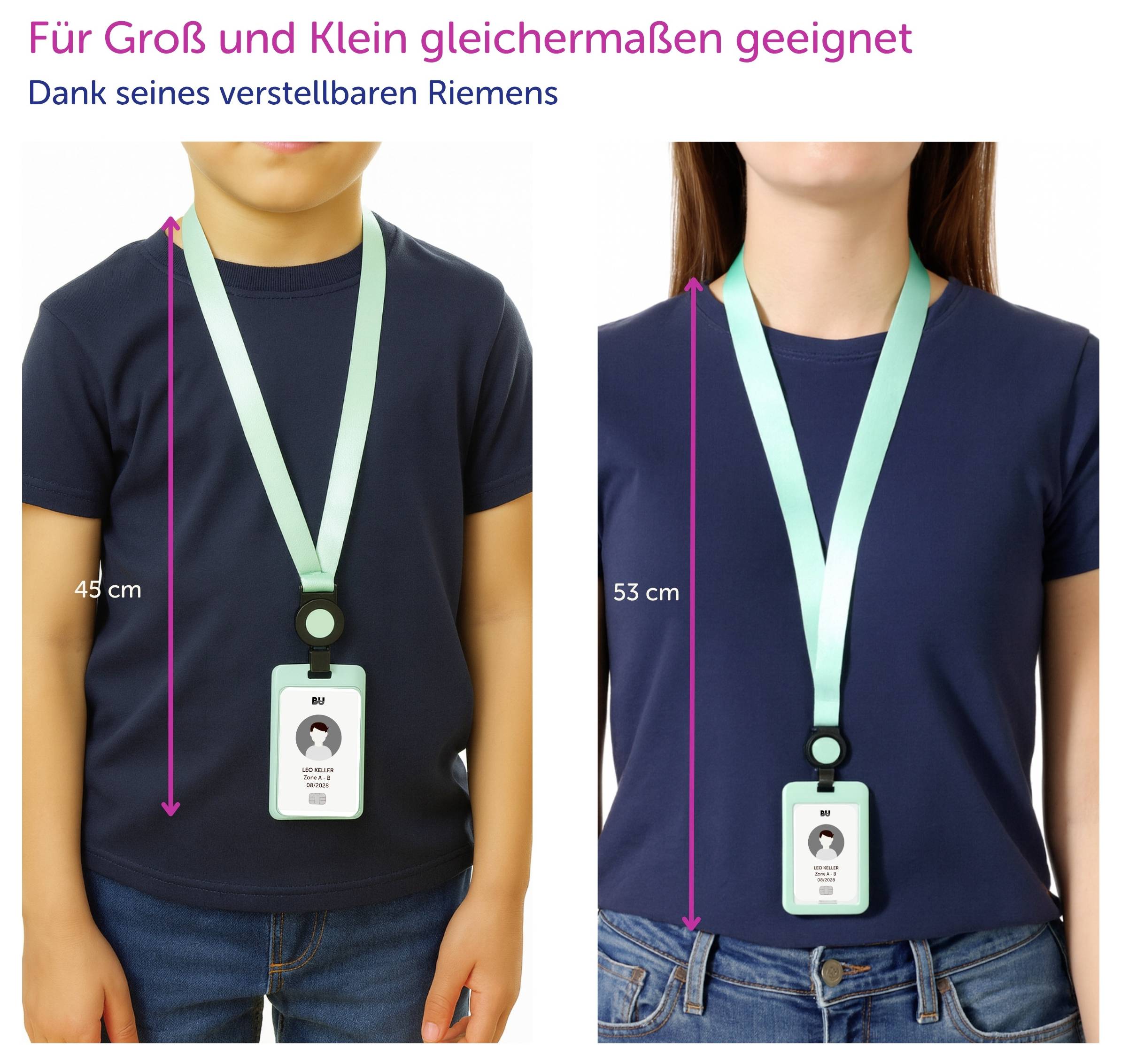 Vergleich zweier Personen mit Ausweishalter: verstellbarer Riemen für Kinder und Erwachsene, Längen 45 cm und 53 cm.