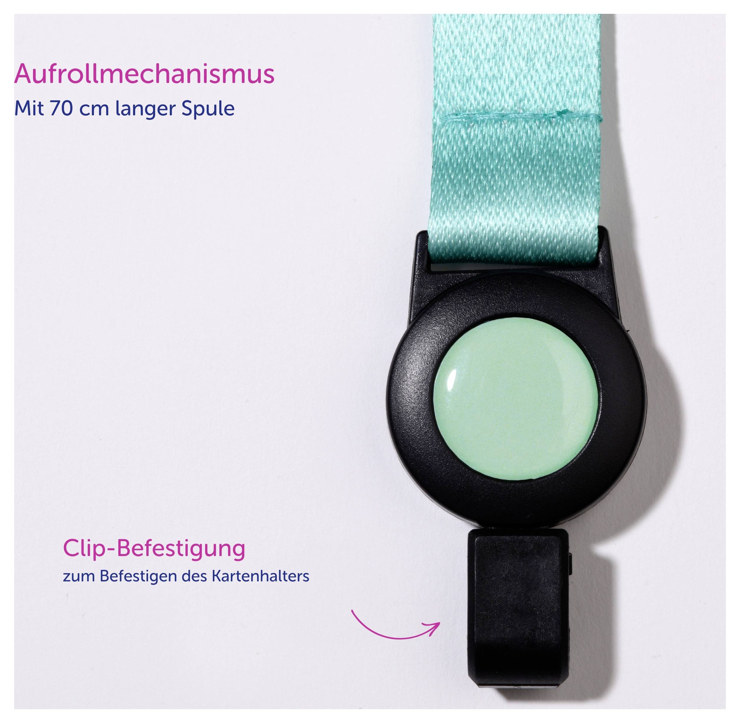Ausziehbarer Kartenhalter mit 70 cm langer Spule und Clip-Befestigung; schwarzes Gehäuse mit mintgrünem Button.