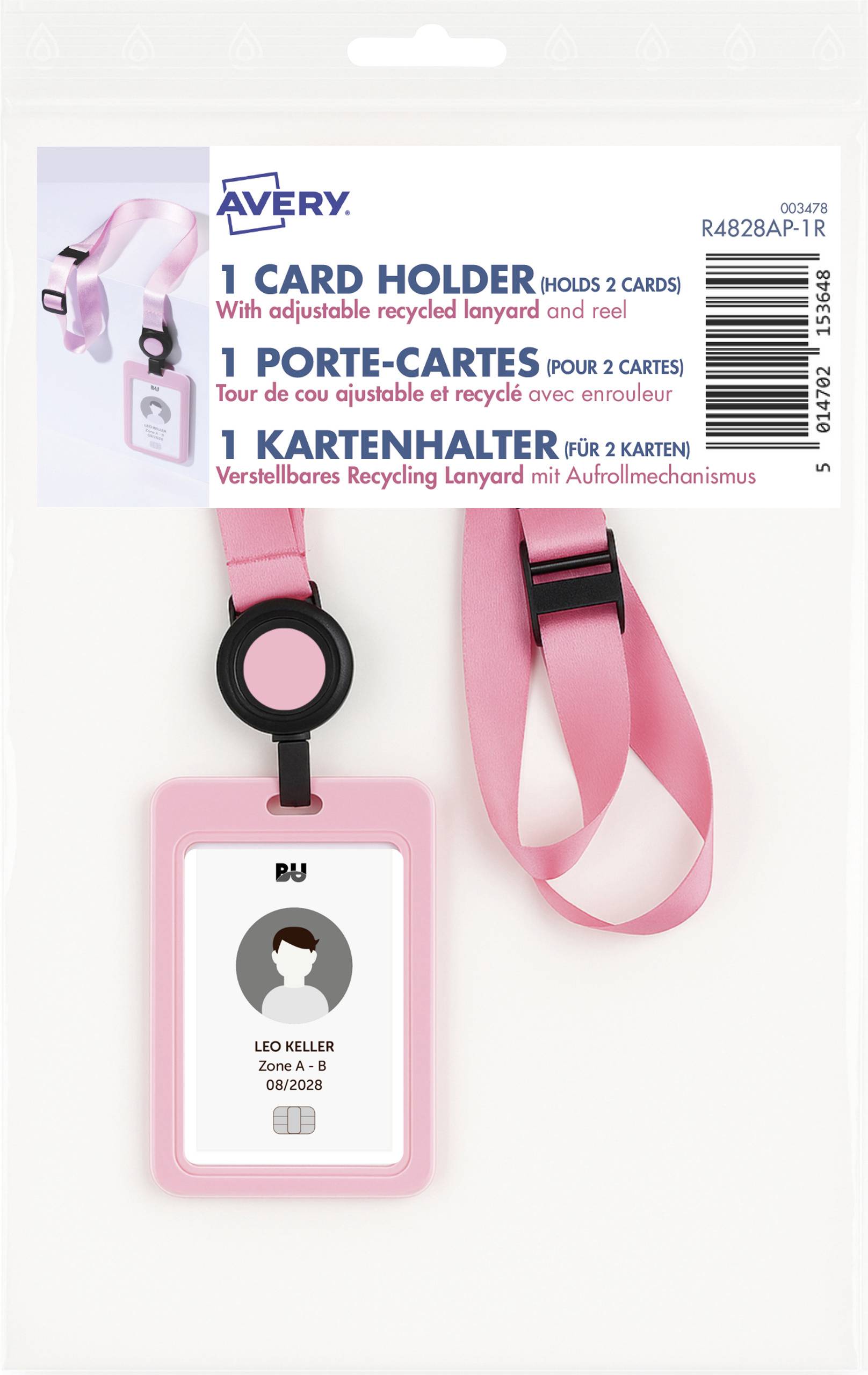 Avery rosafarbener ausziehbarer Kartenhalter mit Lanyard und Spule, in Verpackung gezeigt; fasst 2 Karten und enthält ein Beispiel-Ausweisabzeichen.