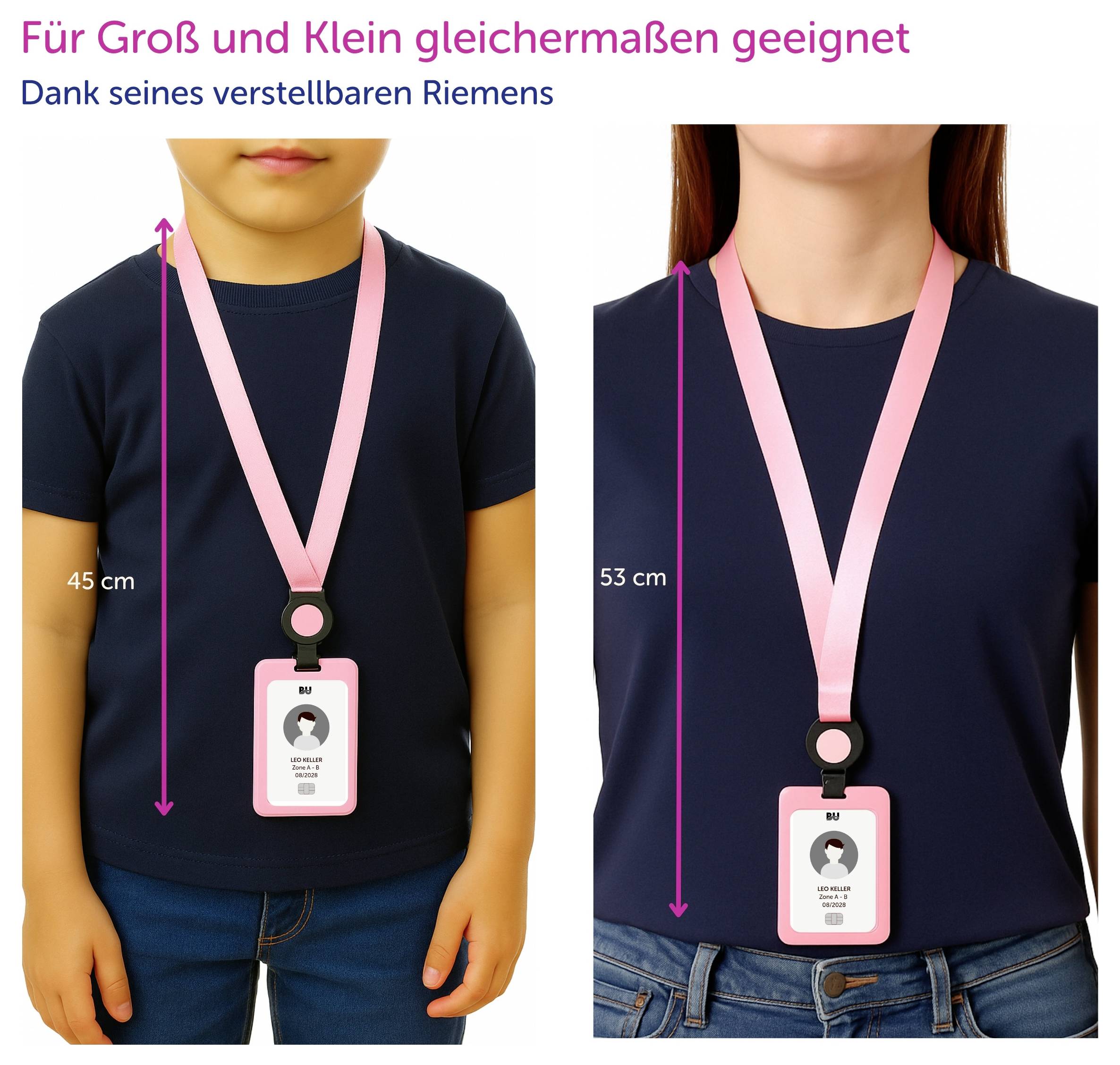 Side-by-side photo of child and adult wearing the same pink adjustable lanyard badge, labeled 'Für Groß und Klein gleichermaßen geeignet' and 'Dank seines verstellbaren Riemens', showing 45 cm and 53 cm lengths.