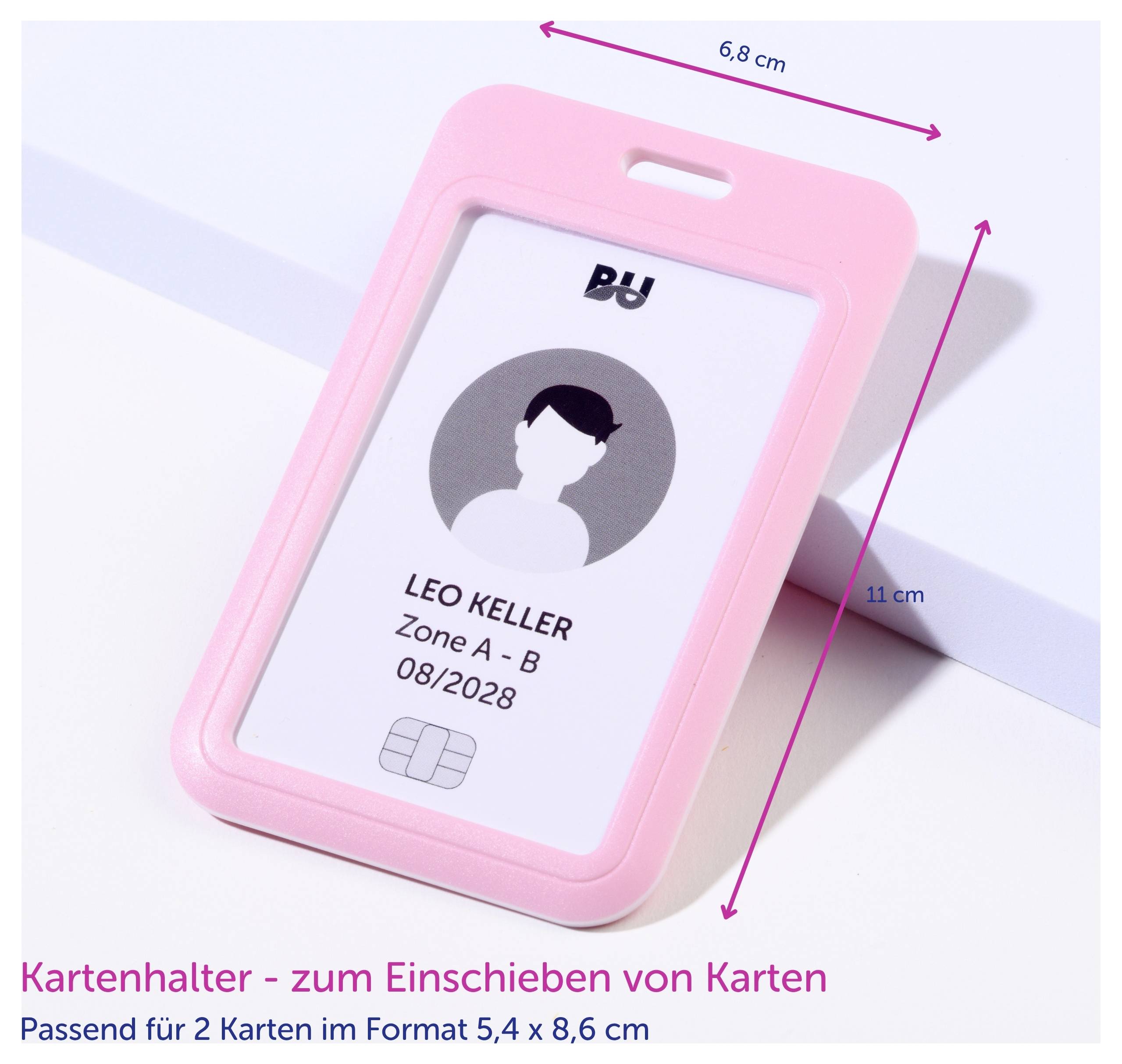 Pinkes Kartenetui mit Ausweisbeispiel; aufgedruckt ist 'Kartenhalter – zum Einschieben von Karten', passend für zwei Karten im Format 5,4 x 8,6 cm.