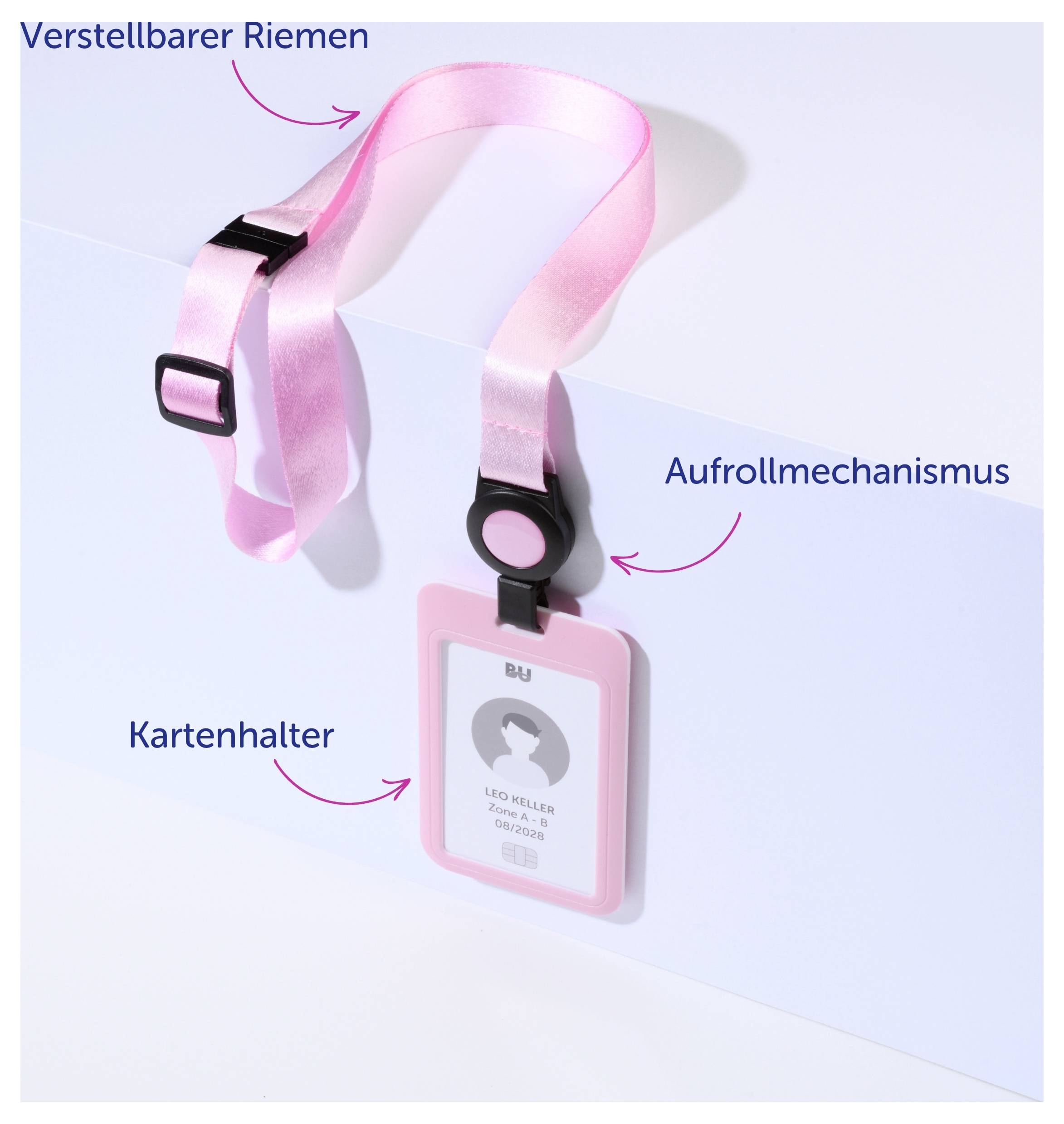 Pinkes Lanyard mit verstellbarem Riemen, Aufrollmechanismus und Kartenhalter für Ausweis oder Karte.