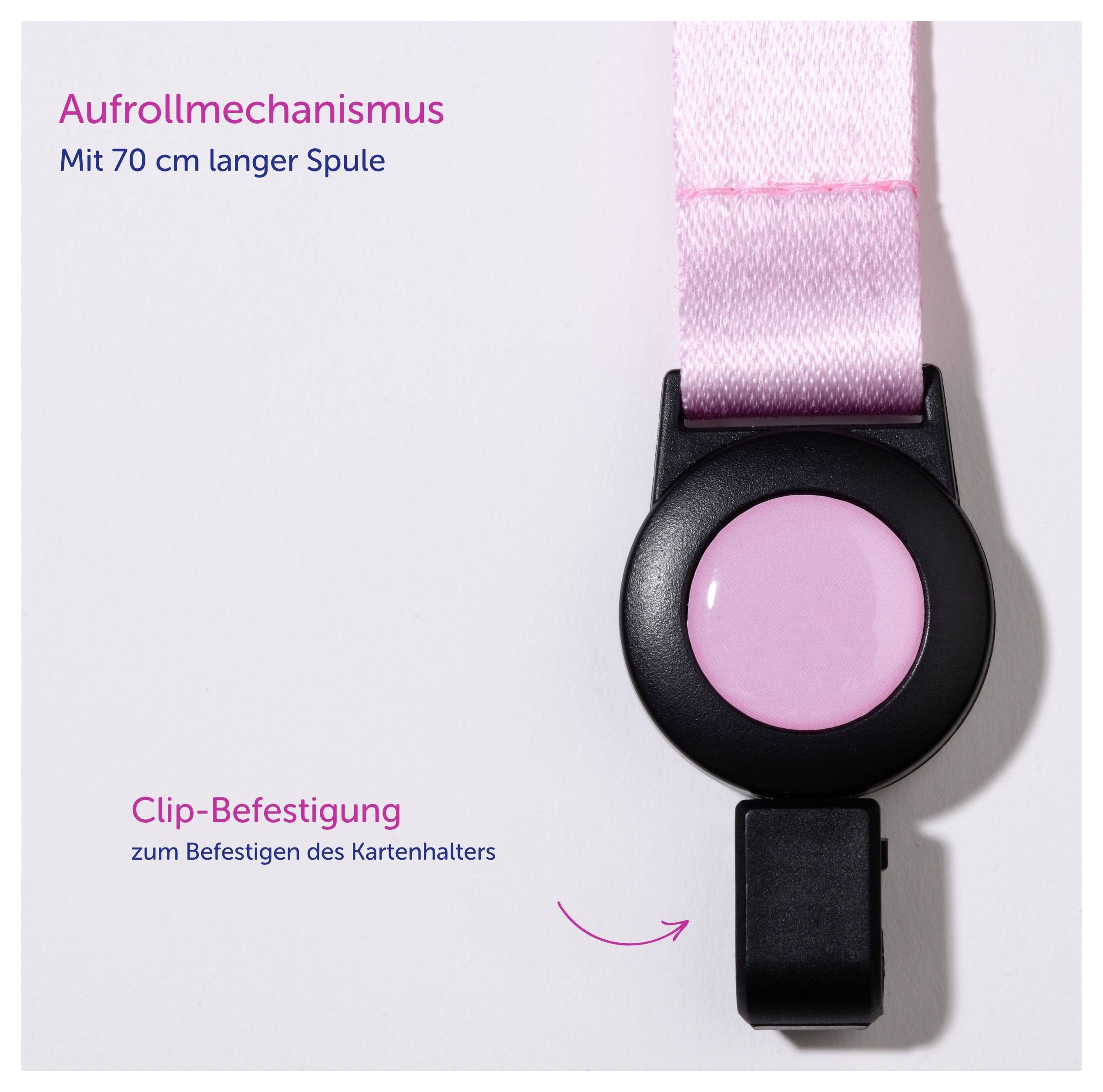 Kartenhalter mit pinkem Aufrollmechanismus und Clip-Befestigung; Text: 'Aufrollmechanismus', 'Mit 70 cm langer Spule', 'Clip-Befestigung', 'zum Befestigen des Kartenhalters'.
