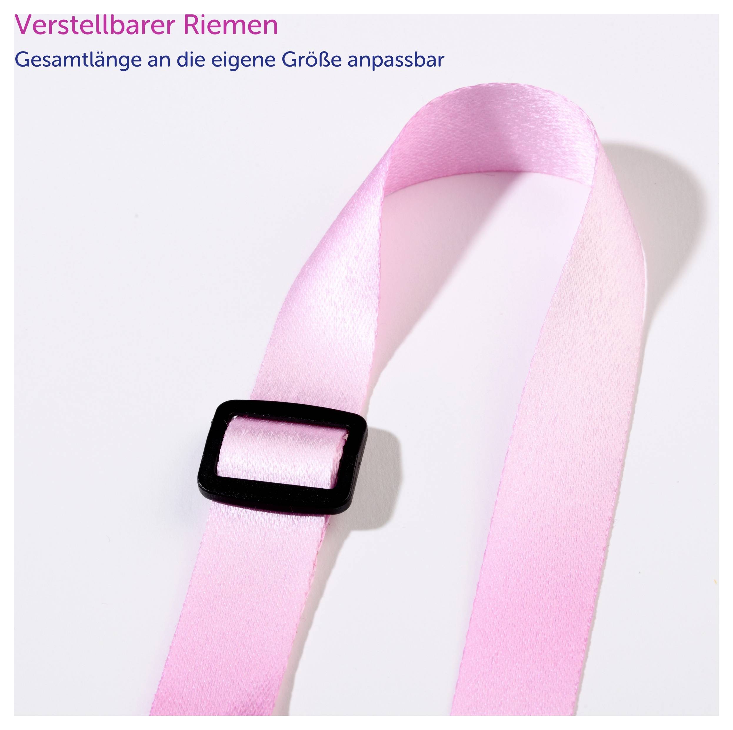Verstellbarer rosa Riemen mit schwarzer Schnalle; Gesamtlänge an die eigene Größe anpassbar.