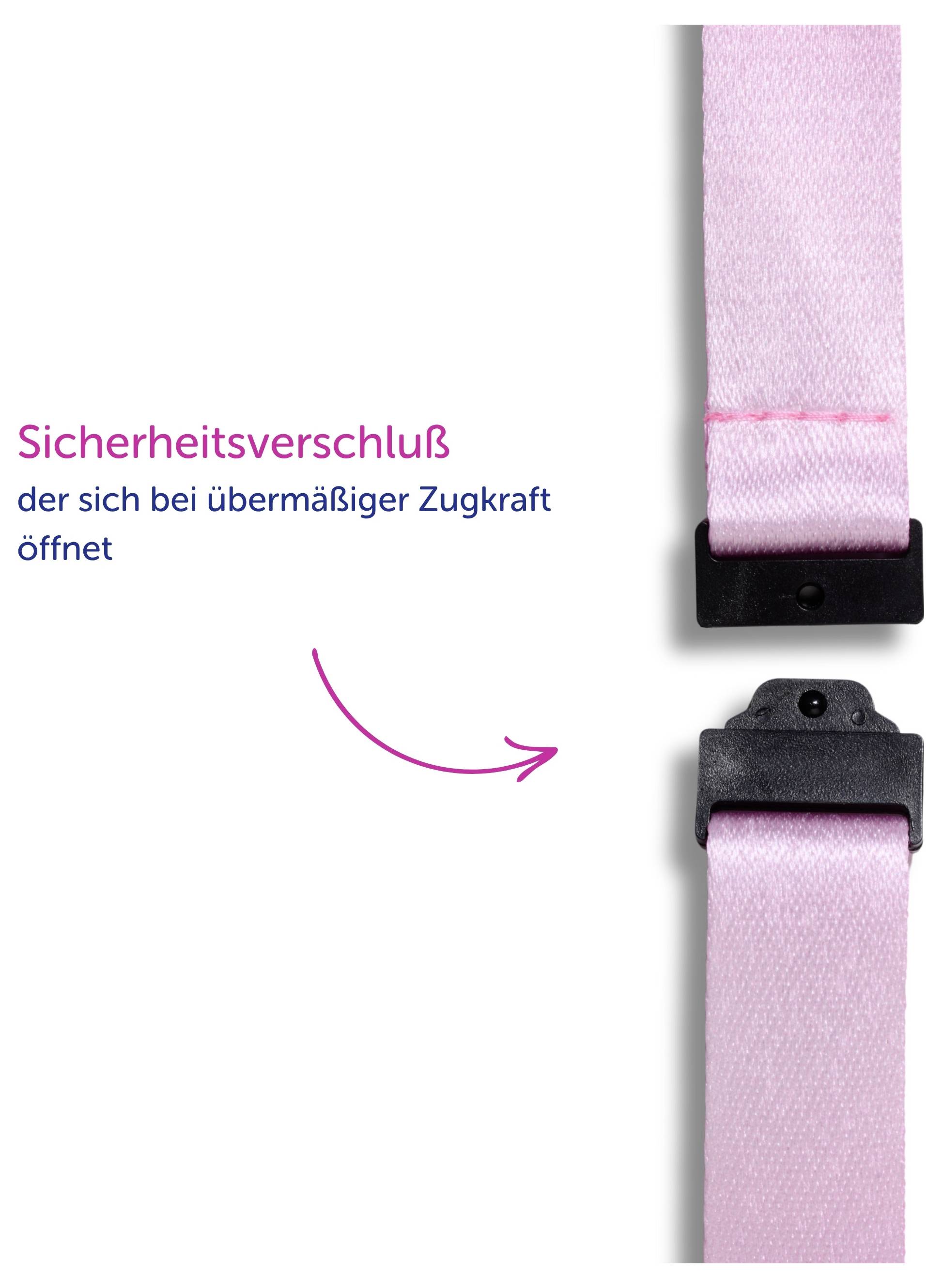 Sicherheitsverschluss eines pinken Gurts, der sich bei übermäßiger Zugkraft öffnet; Pfeil zeigt den Öffnungsvorgang.