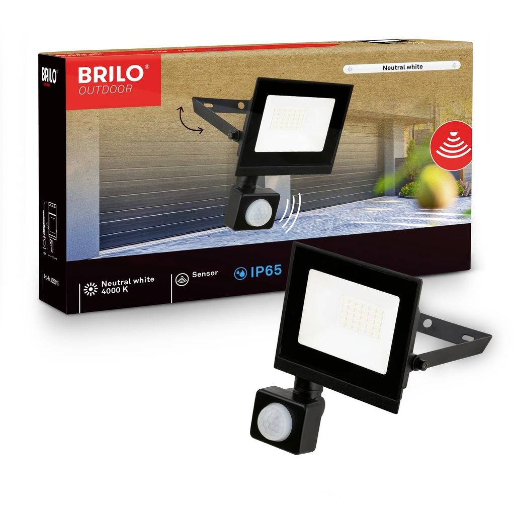 BRILO Außen-LED-Flutlicht mit Bewegungsmelder, dargestellt auf der Produktschachtel und als das eigentliche schwarz wandmontierte Licht; gekennzeichnet mit neutralweiß 4000 K, IP65.