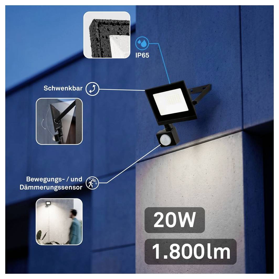 Briloner VARO 4053015 Außenstrahler mit Bewegungsmelder 20W Leuchtfarben: Neutralweiß
