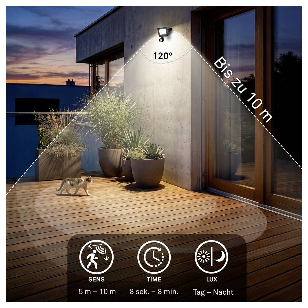 Außen-Bewegungsmelder-Leuchte auf einer Terrasse beleuchtet einen Bereich von 120°, erkennt Bewegungen aus 5-10 m Entfernung, läuft 8 Sekunden bis 8 Minuten lang und funktioniert Tag und Nacht.