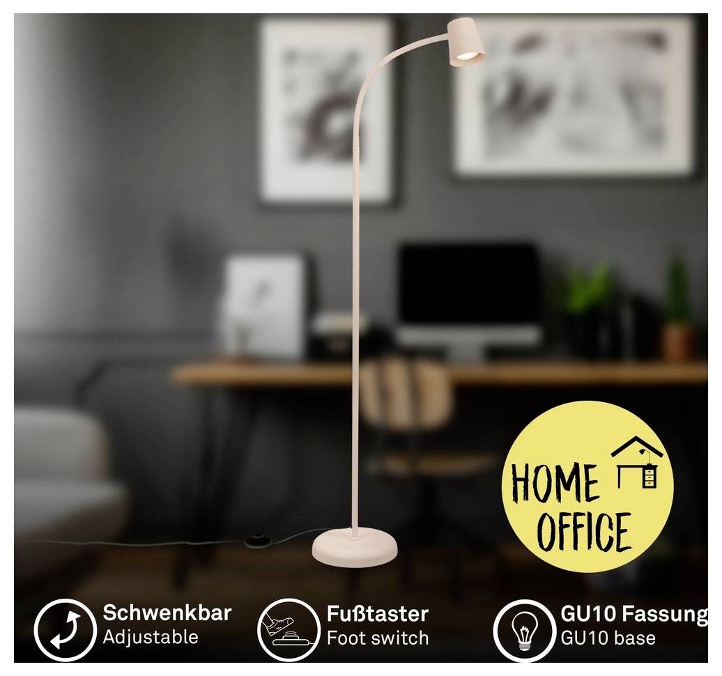Rosa verstellbare Stehleuchte mit Fußschalter und GU10-Fassung in einem Homeoffice; gelbes „HOME OFFICE