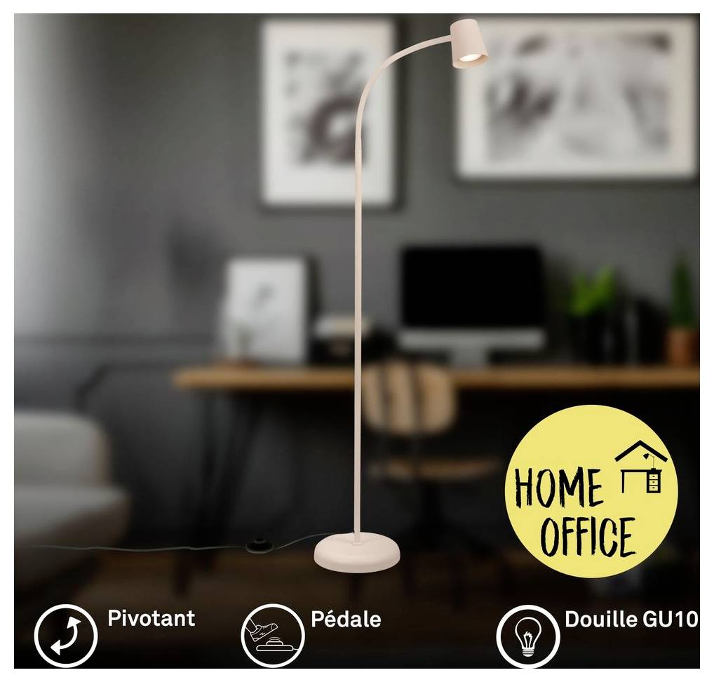 Rosa verstellbare Bodenleuchte für ein Homeoffice, mit Beschriftungen „Schwenkbar