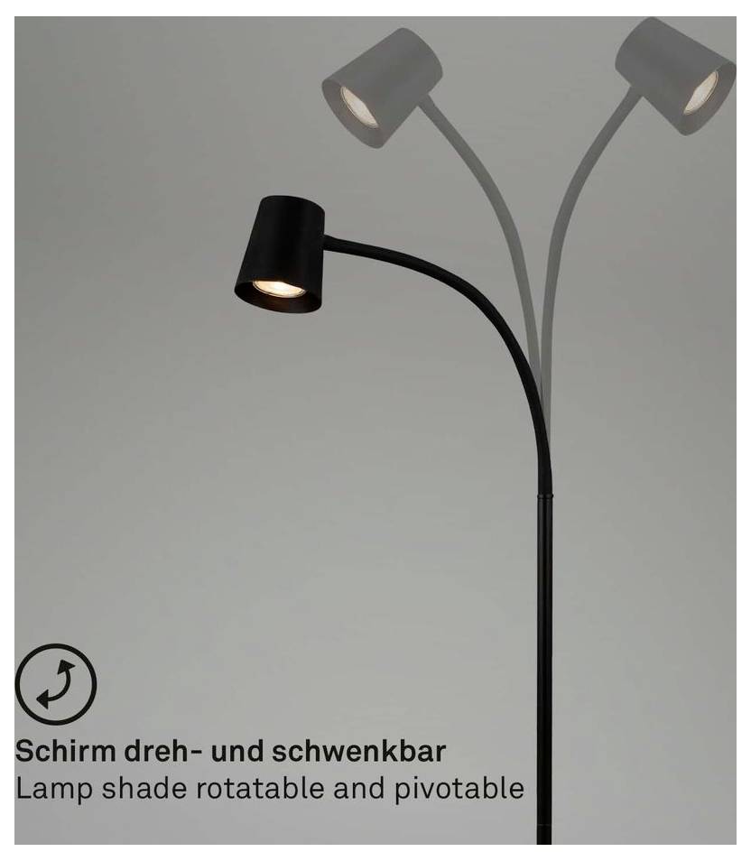 Dreiköpfige Stehleuchte mit verstellbaren Schirmen; ein schwarzer Schirm und zwei graue Schirme. Text lautet „Schirm dreh- und schwenkbar