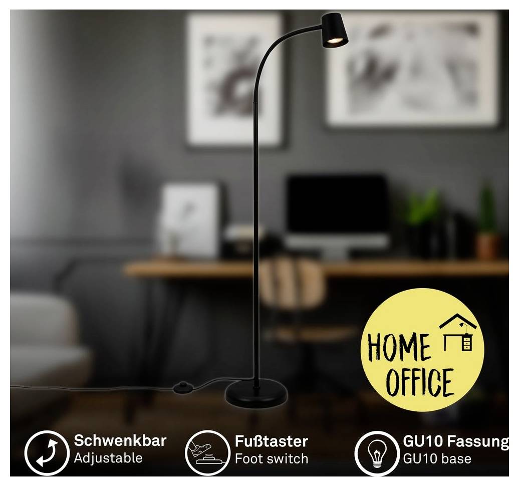 Schwarze verstellbare Stehleuchte mit Fußschalter und GU10-Fassung, dargestellt in einer Homeoffice-Umgebung; gelbes Abzeichen liest „HOME OFFICE