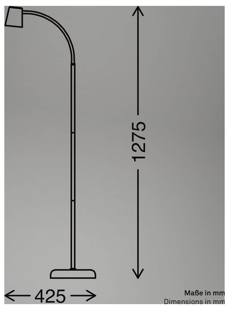 Diagramm einer Stehleuchte mit angegebenen Abmessungen: Höhe 1275 mm und Breite des Sockels 425 mm.