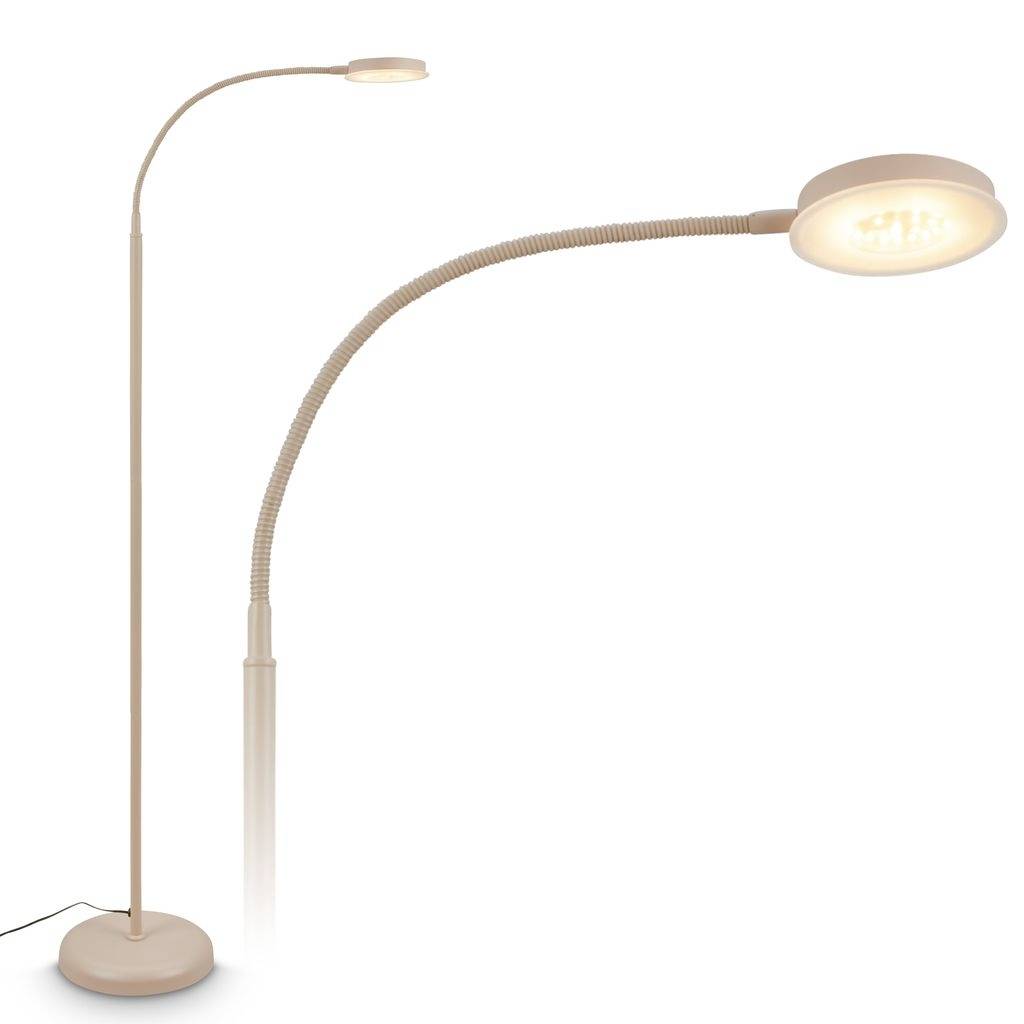 Zwei beige verstellbare Stehleuchten mit schlanken Ständern und gebogenen Armen, jede mit einem kleinen leuchtenden runden Licht oben auf weißem Hintergrund.