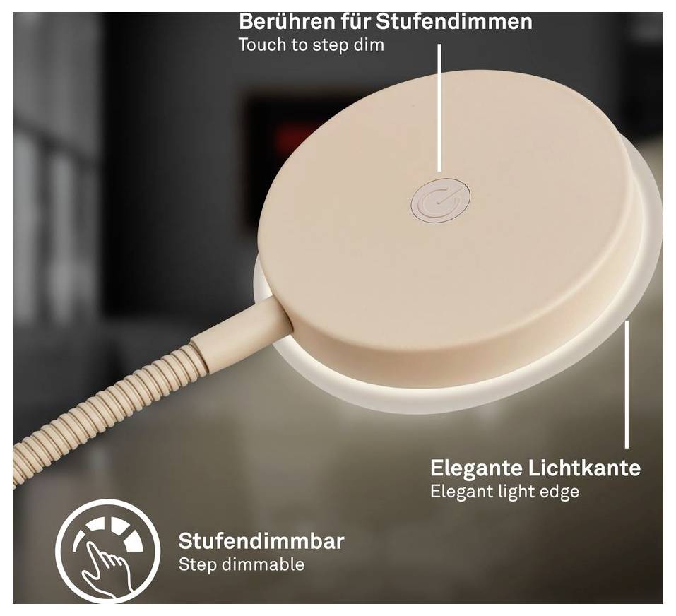 Beige runde Berührungslampe mit stufenweiser Dimmerkontrolle, eleganter Lichtkante und deutschen/englischen Beschriftungen: „Berühren für Stufendimmen