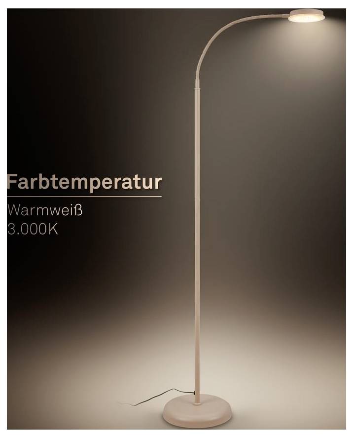 Hohe Stehleuchte mit warmweißem Licht; Text lautet „Farbtemperatur