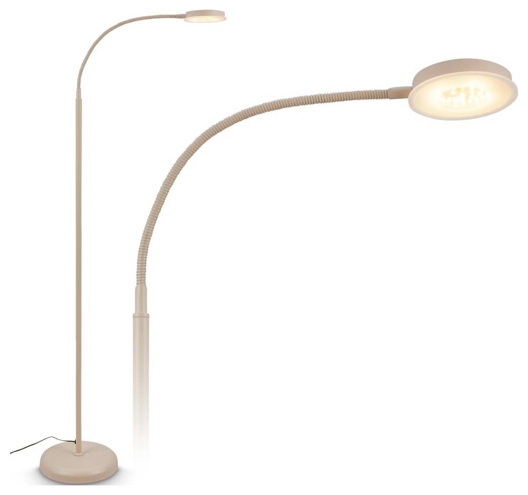Zwei moderne beigefarbene Stehlampen: eine hohe mit geschwungenem Arm und kleinem oberen Licht, die andere mit flexiblem Schwanenhals und leuchtendem ovalem Kopf.
