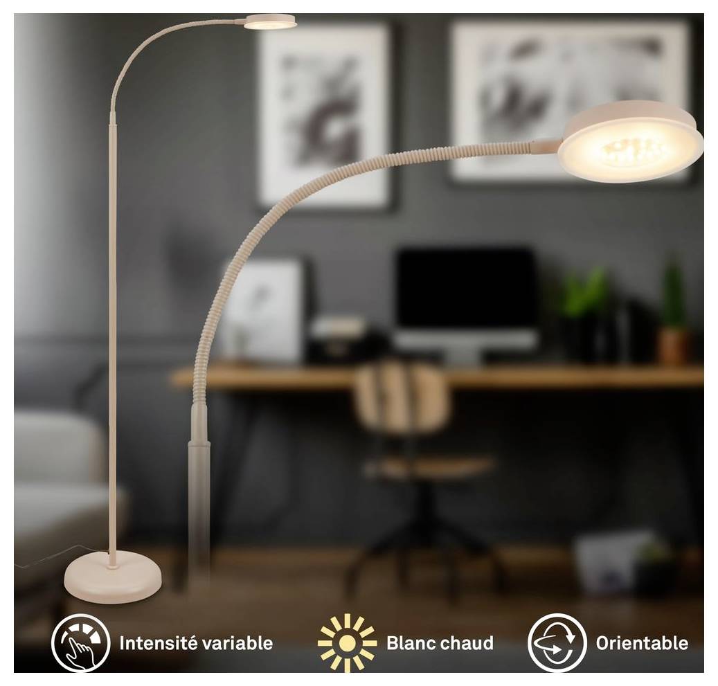 Zwei verstellbare Steh- und Tischleuchten in einem Homeoffice; Beschriftungen zeigen variable Intensität, warmweißes Licht und verstellbare Richtung.