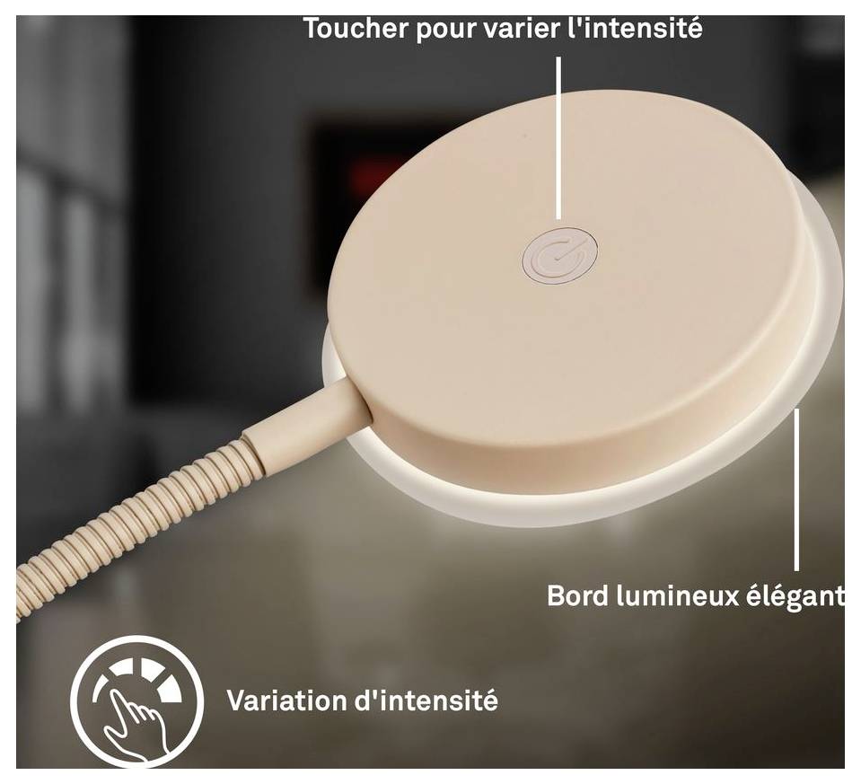 Runde beigefarbene Lampe mit Touchsteuerung für verstellbare Helligkeit, gezeigt mit leuchtendem Rand und französischen Beschriftungen „Toucher pour varier l'intensité