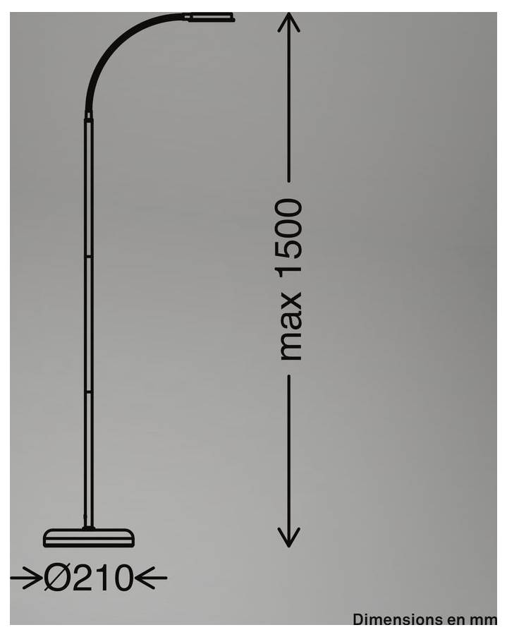 Stehlampendiagramm, das einen schlanken gewölbten Ständer zeigt, Höhe gekennzeichnet mit „max 1500