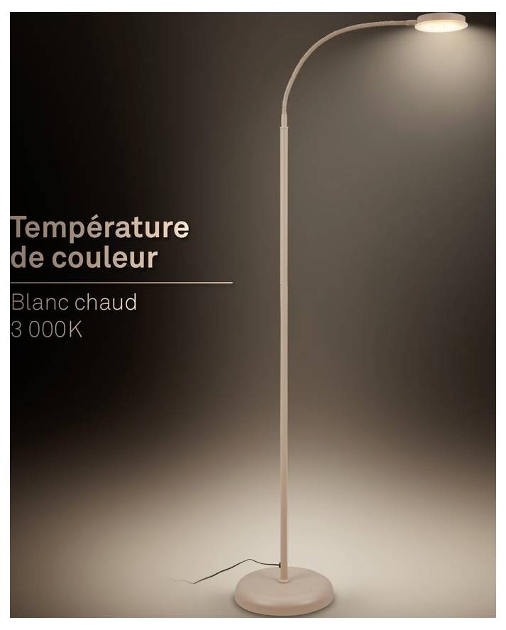 Hohe Stehleuchte mit gebogenem Arm und warmweißem Licht; Text lautet „Farbtemperatur