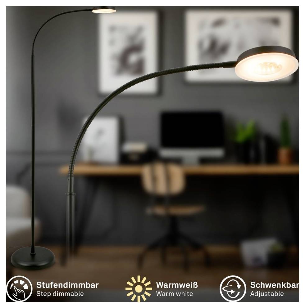 Verstellbare schwarze Stehleuchte mit warmweißem Licht, gezeigt in einer unscharfen Homeoffice-Umgebung; Text sagt „Stufendimmbar