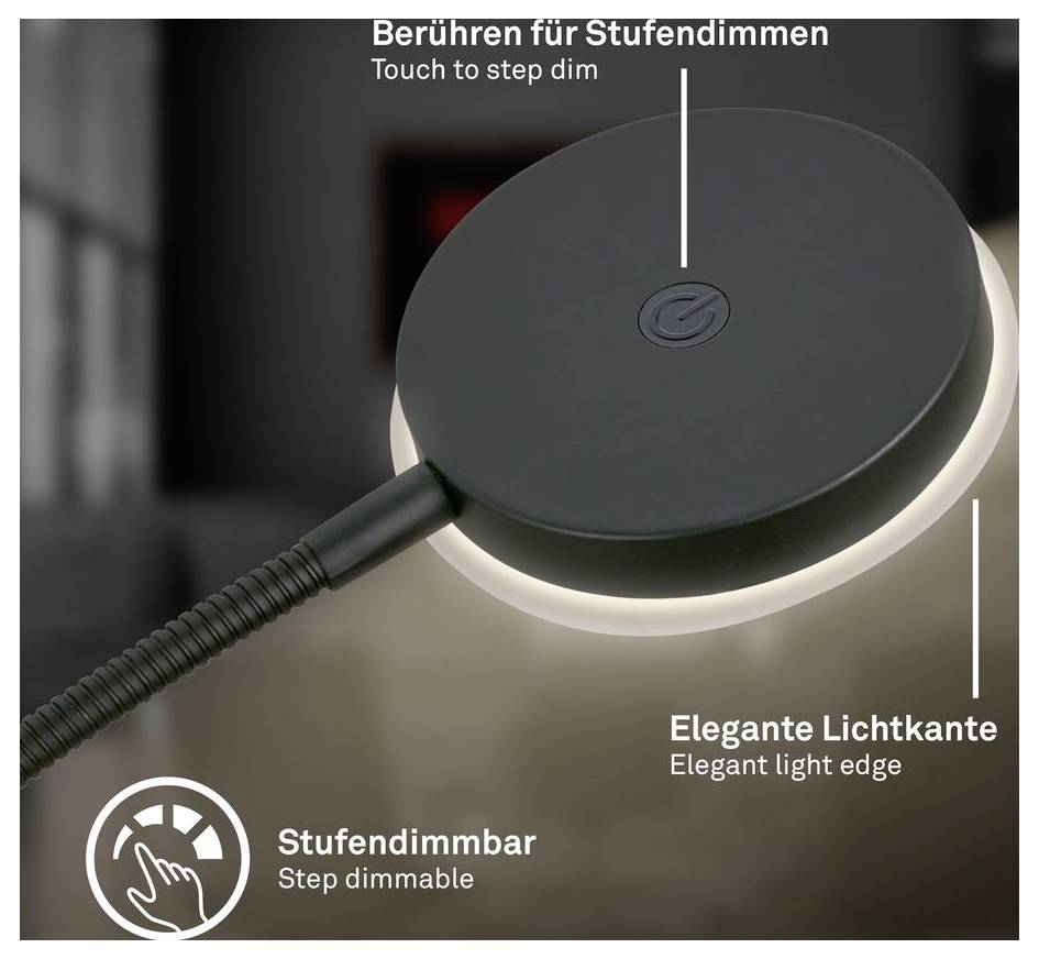 Nahaufnahme eines runden Touch-Dimmschalters mit beleuchteter Randbeleuchtung, beschriftet mit „Touch to step dim