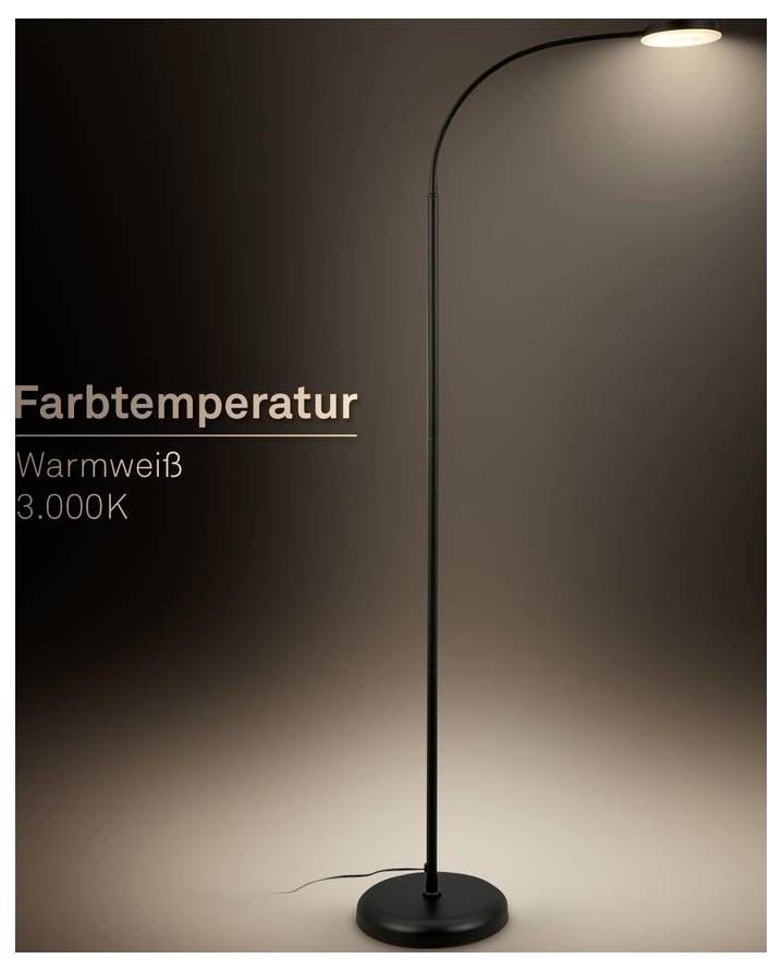 Schwarze Stehleuchte mit warmweißem Licht, beschriftet mit „Farbtemperatur