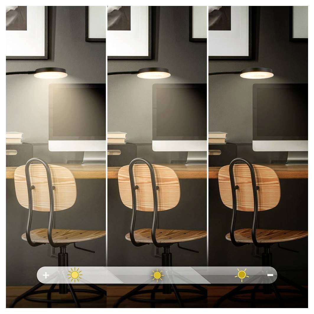 Dreiteilige Vergleichsdarstellung eines Schreibtischarbeitsplatzes unter derselben Lampe, die von links nach rechts zunehmende warme Lichtstufen zeigt, mit einem Helligkeitsregler am unteren Rand.