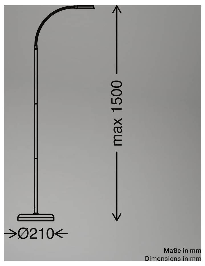 Schaltplan der Stehleuchte mit gebogenem hohem Ständer, maximale Höhe 1500 mm und Basisdurchmesser 210 mm.