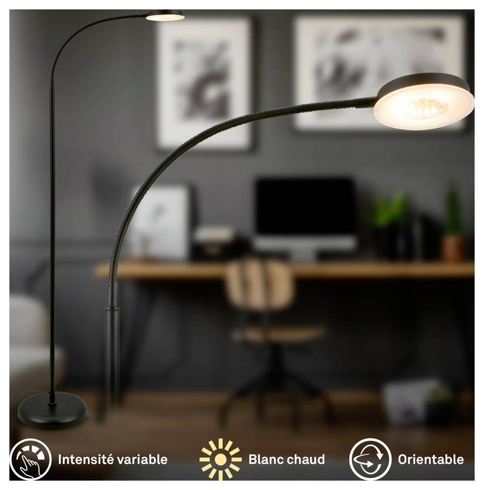 Zwei verstellbare Stehleuchten in einem unscharfen Homeoffice, mit Hervorhebung der Funktionen: variable Intensität, warmweißes Licht und verstellbare Ausrichtung.