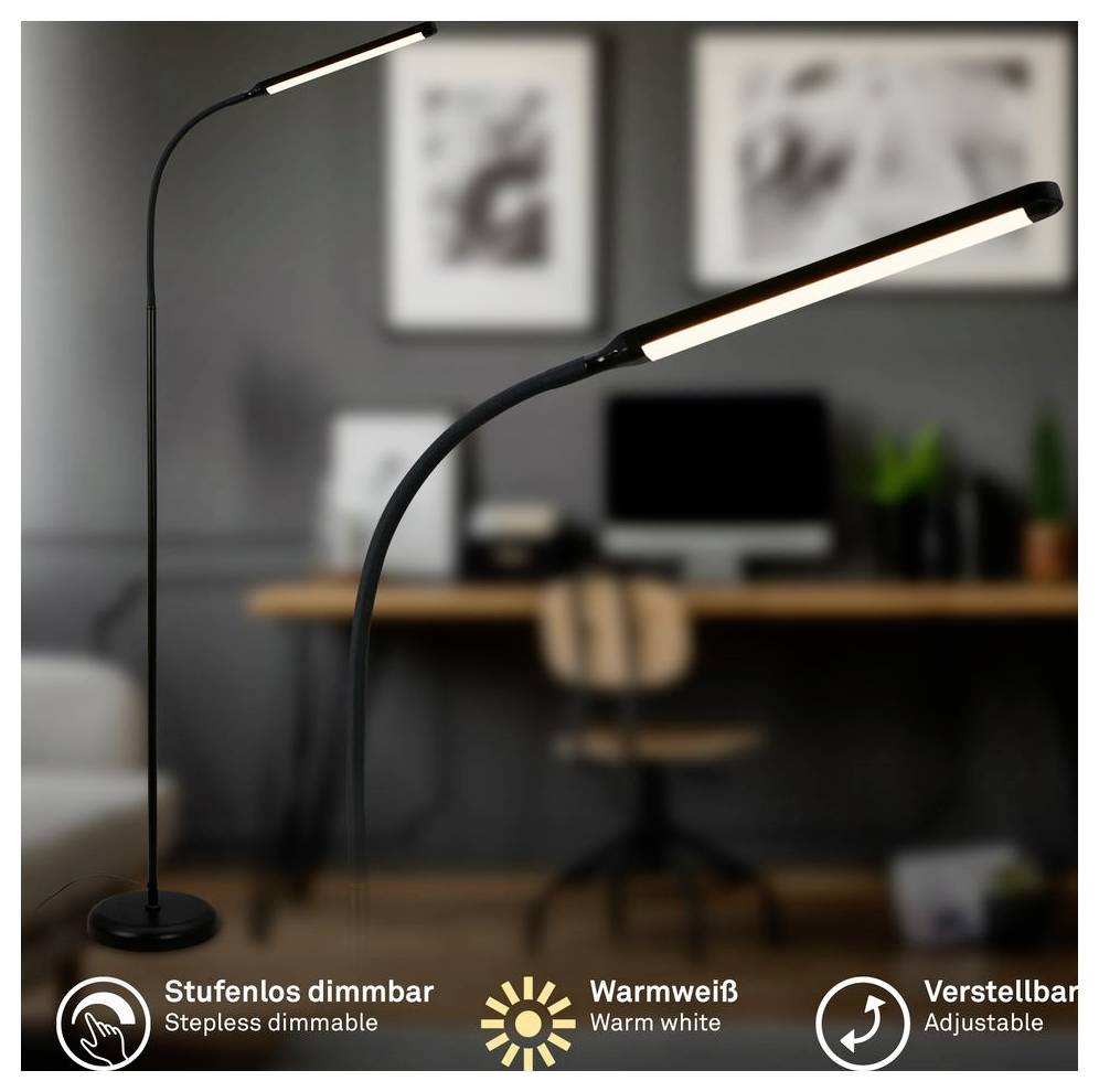 Zwei elegante verstellbare LED-Stehleuchten in einem unscharfen Homeoffice, die dimmbare, warmweiße und verstellbare Funktionen zeigen.
