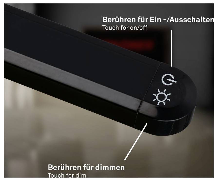 Nahaufnahme einer berührungsempfindlichen Lichtsteuerung mit Stromversorgungs- und Dimmersymbolen, gekennzeichnet mit „Berühren zum Ein-/Ausschalten
