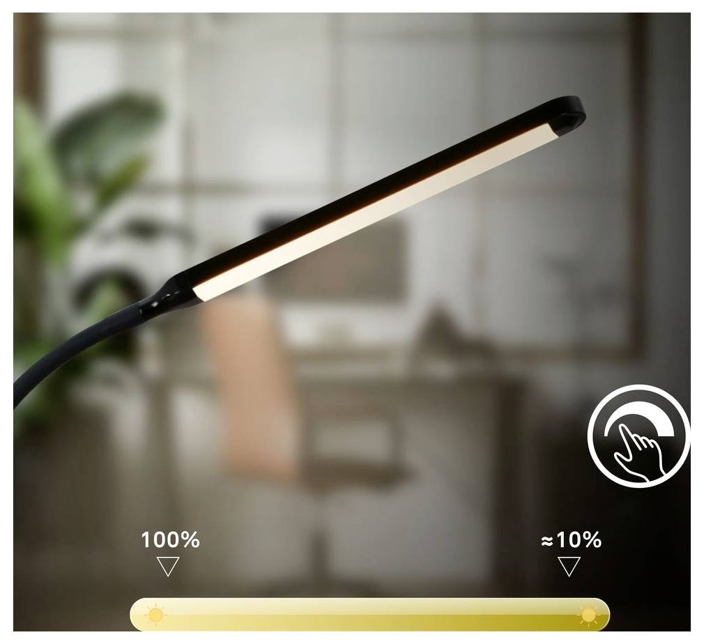 Dimmbare Schreibtischlampe bei 100% Helligkeit eingeschaltet; eine Schieberegler-Grafik zeigt die Helligkeit auf etwa 10% reduziert.