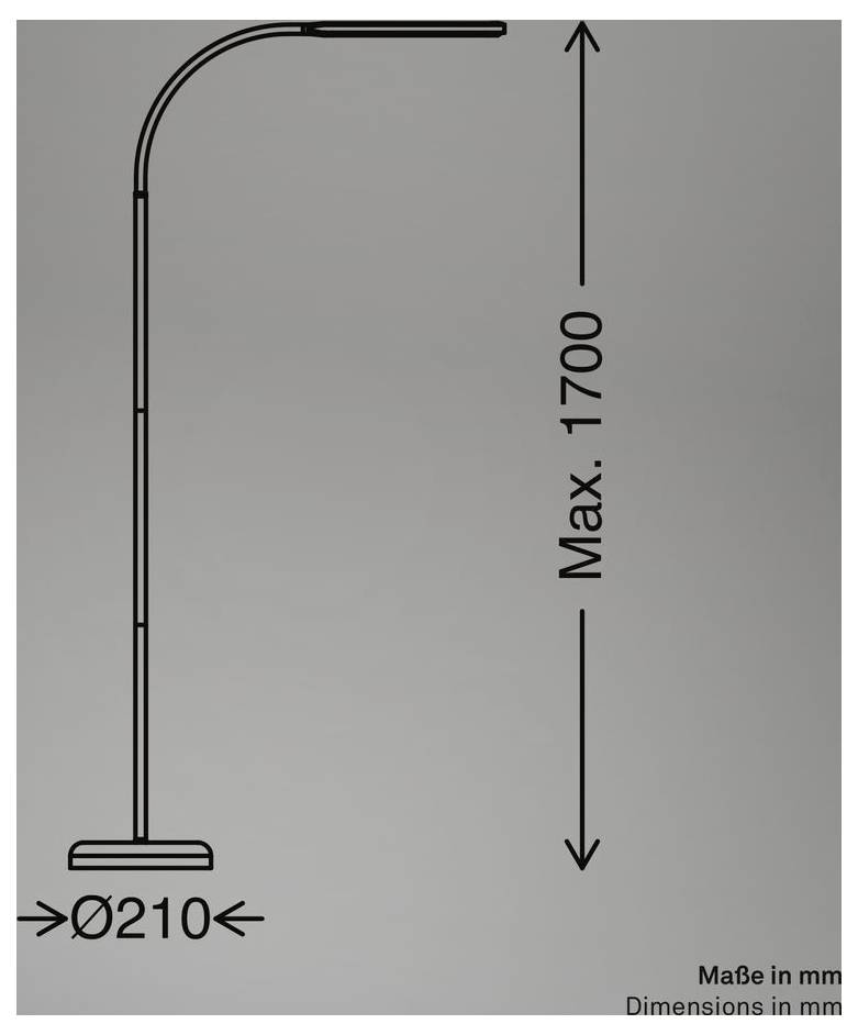 Technische Zeichnung einer gebogenen Stehleuchte oder eines Standers, die maximale Höhe 1700 mm und Basisdurchmesser 210 mm zeigt.