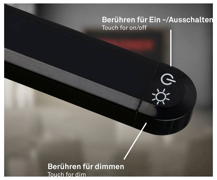 Nahaufnahme einer Lampensteuerung mit Berührungspunkten für Ein-/Ausschalten und Dimmung, beschriftet in Deutsch und Englisch: „Berühren zum Ein-/Ausschalten