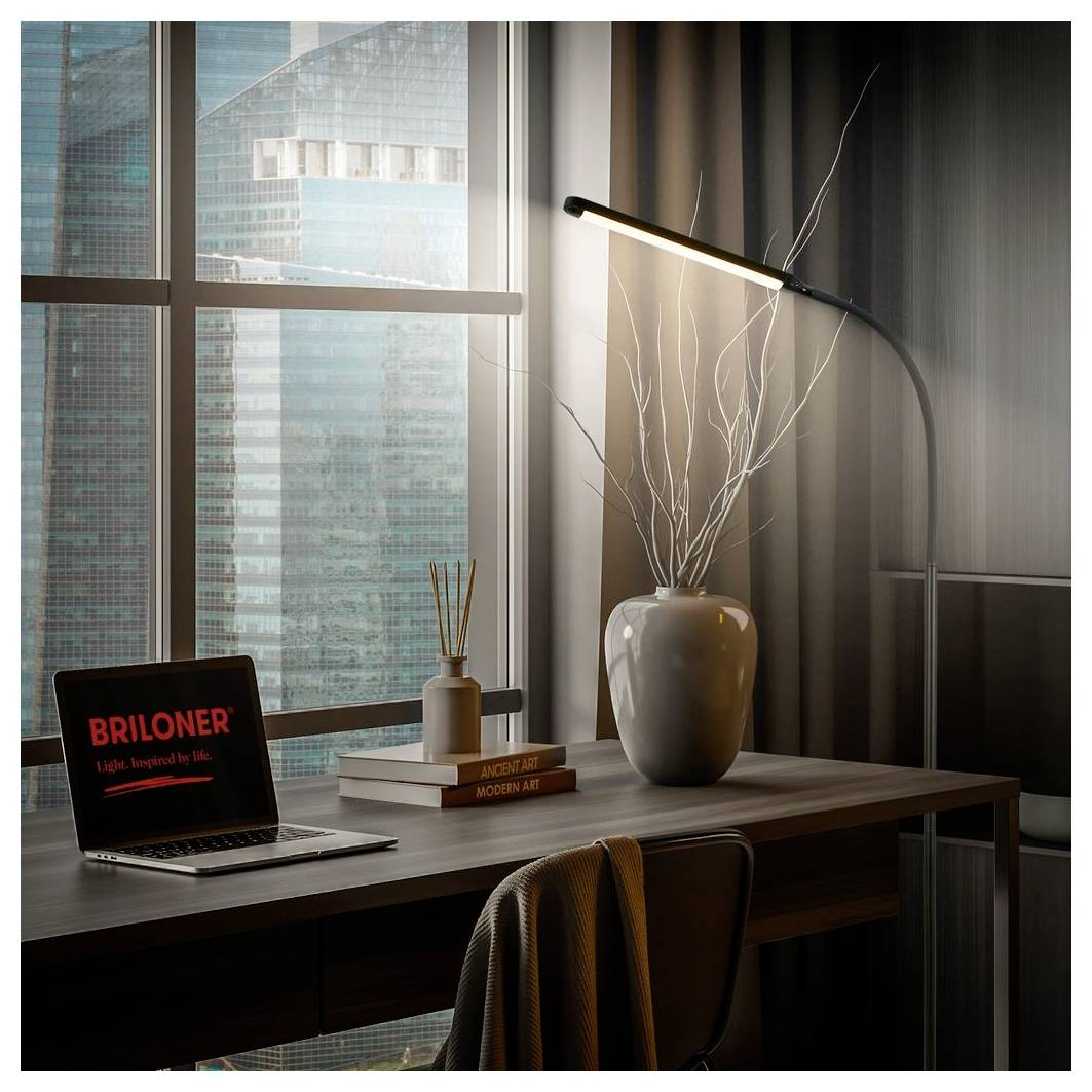 Ein modernes Homeoffice am Fenster, mit einem Laptop auf dem Schreibtisch, einer Stehlampe, Büchern und einer großen Vase mit Ästen.