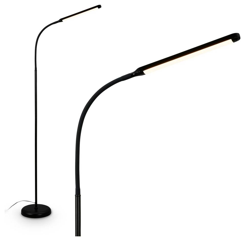 Moderne schwarze Stehleuchte mit schlankem geschwungenem Schaft und horizontaler LED-Leuchte, gezeigt auf weißem Hintergrund mit Nahaufnahmeausschnitt.