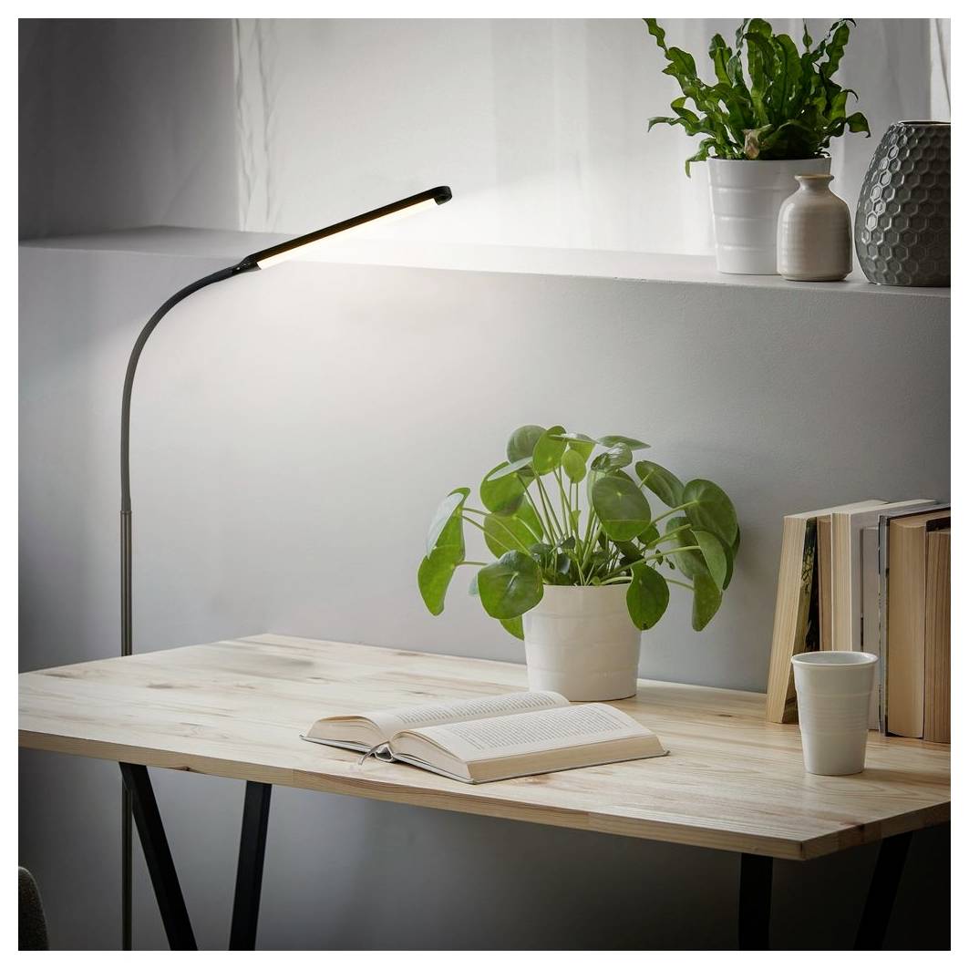 Ein minimalistischer Schreibtisch mit einem aufgeschlagenen Buch, einer Topfpflanze, einer Tasse, Büchern und einer brennenden Stehlampe neben einem Fenster.