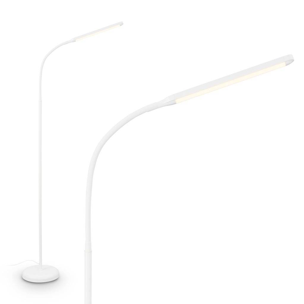 Minimalistische weiße LED-Bodenleuchte mit schlankem geschwungenem Arm und runder Basis, in zwei Größenansichten auf weißem Hintergrund dargestellt.