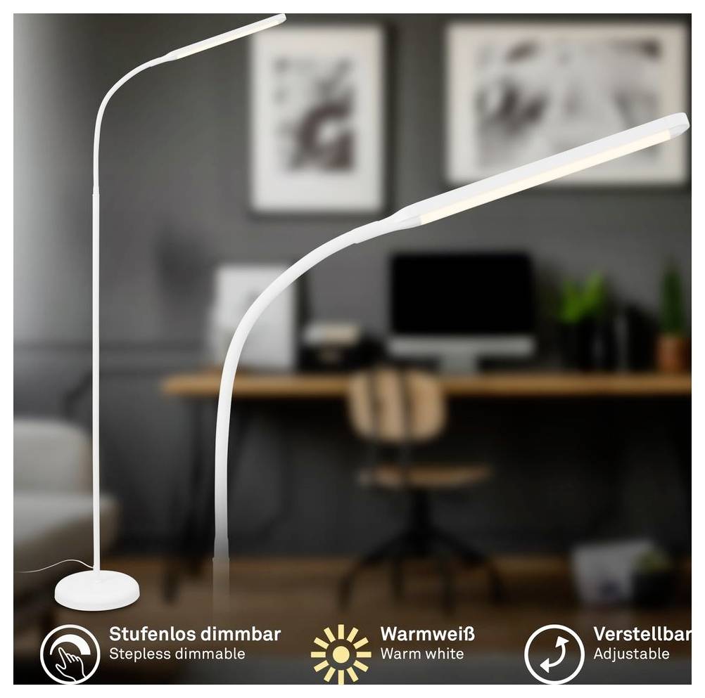 Moderne weiße verstellbare LED-Stehleuchte mit gebogenem Schaft in einem Homeoffice; der Text hebt die stufenlose Dimmung, warmweißes Licht und den verstellbaren Winkel hervor.