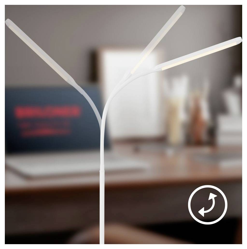 Abstrakte Illustration eines weißen Dreibranch-Steckers oder Kabelteilers vor einem unscharfen Schreibtisch und Laptop, mit einem kreisförmigen Aktualisierungssymbol unten rechts.