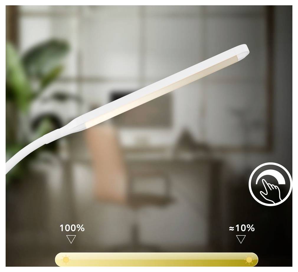 Schmale weiße LED-Schreibtischlampe mit Berührungsdimmer, links bei 100 % Helligkeit und rechts bei etwa 10 % Helligkeit mit Schieberegler-Steuerung dargestellt.