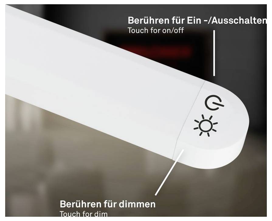 Nahaufnahme eines Bedienelements für eine Leuchte mit Touch-Symbolen; der Text besagt „Berühren zum Ein-/Ausschalten