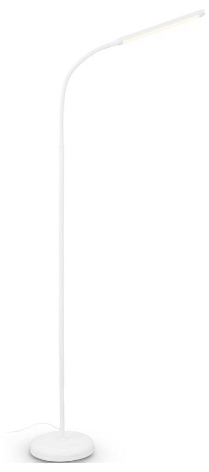 Minimalistische weiße Stehleuchte mit rundem Fuß, schlankem gebogenem Schaft und schmaler horizontaler LED-Leuchtleiste auf einfachem Hintergrund.