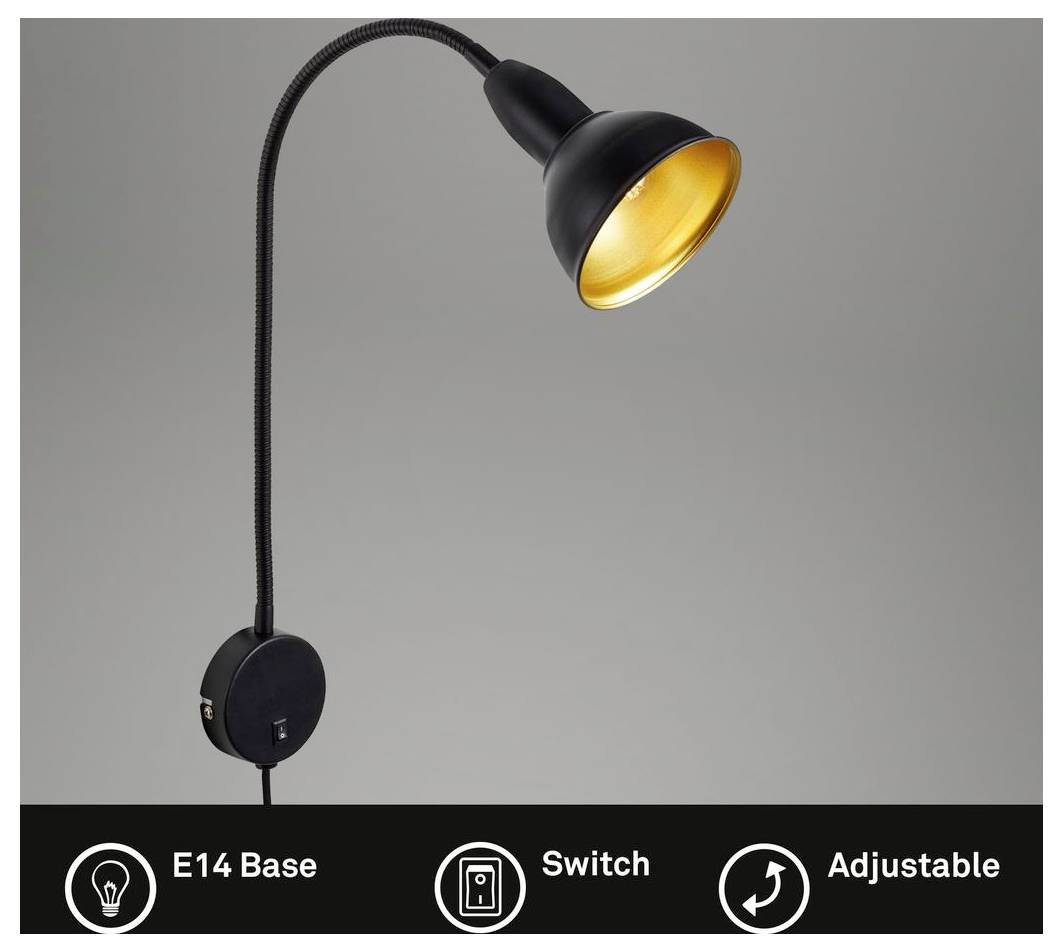 Schwarze flexible Clip-Lampe mit E14-Fassung, Schalter und verstellbarem Kopf, vor grauem Hintergrund gezeigt.