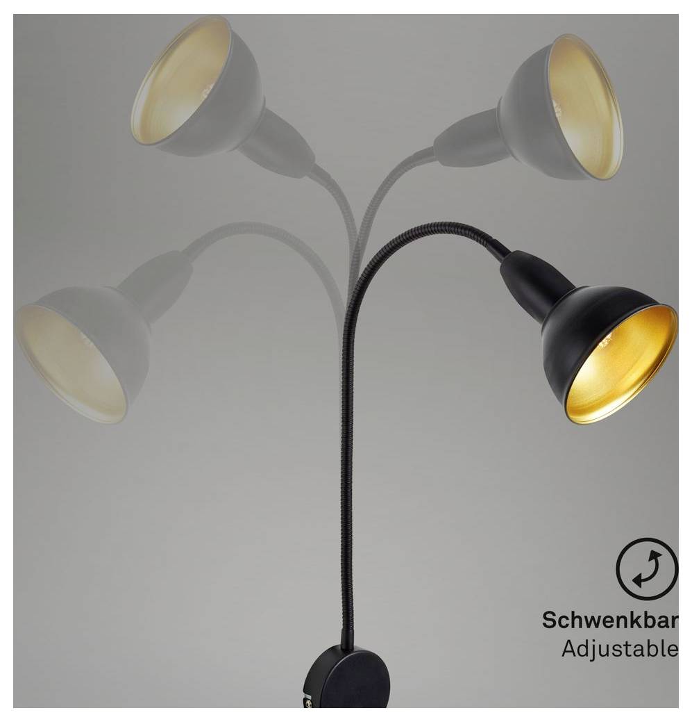 Schwarze verstellbare Stehleuchte mit drei geschwungenen Schirmen, einer beleuchtet in warmem Licht, auf grauem Hintergrund mit Text „Schwenkbar Adjustable